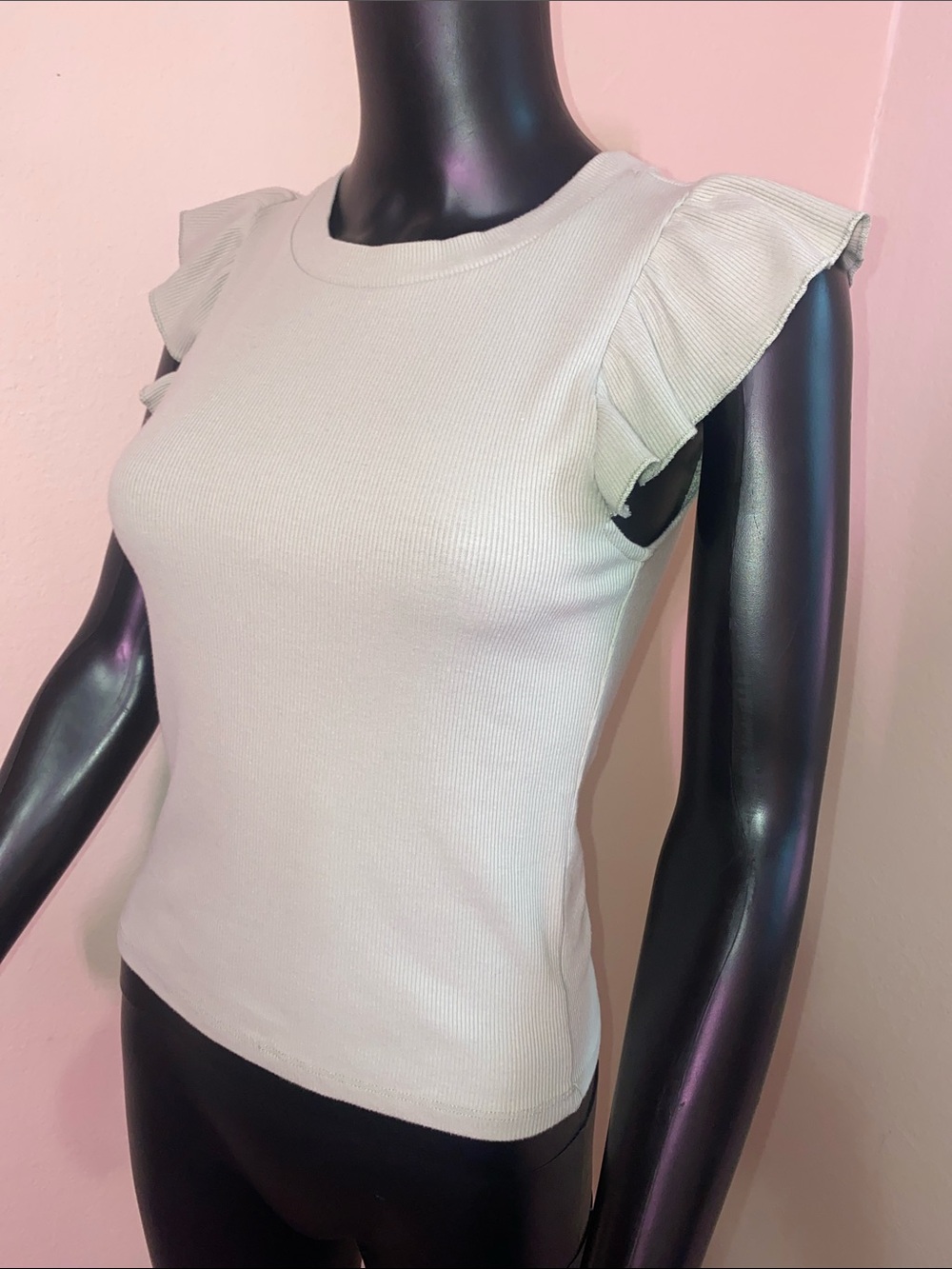 Pink Rose Mint Green Ruffle Sleeve Ribbed Tee - Picture 4 of 10